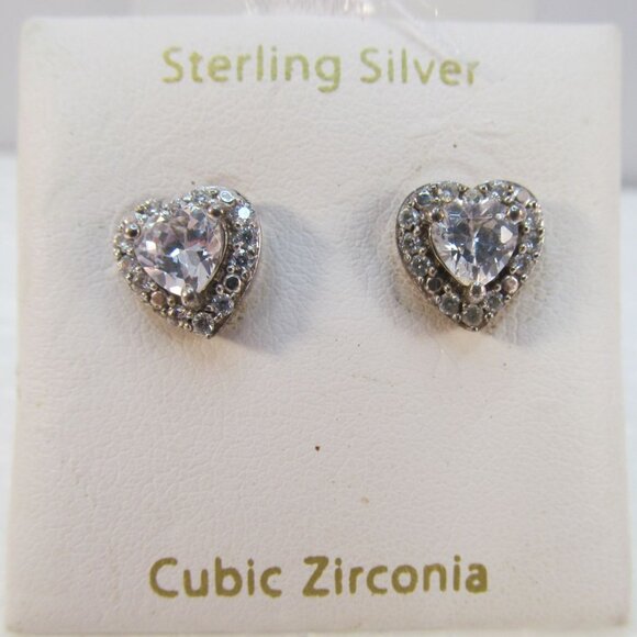Cubic Zirconia Sterling Silver Heart Pierced Earrings - Picture 2 of 15